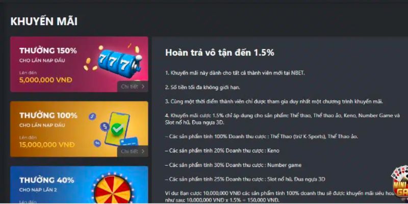 NBET nhà cái tặng tiền thua cược 1,5%